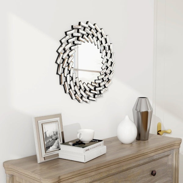 HomeRoots 20" Silver Round Sunburst Accent Mirror - Modern Frameless Design to Brighten Any Room Effortlessly 635510