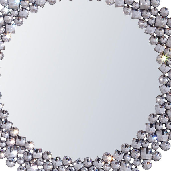 HomeRoots 26" Silver Round Accent Mirror with Faux Crystal Frame - Glamorous, Eye-Catching Decor for Any Room 635511