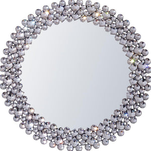 HomeRoots 26" Silver Round Accent Mirror with Faux Crystal Frame - Glamorous, Eye-Catching Decor for Any Room 635511