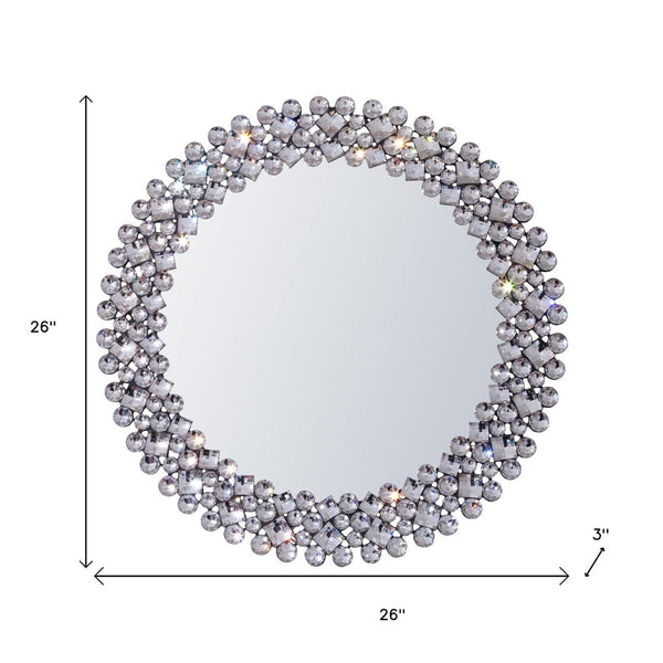 HomeRoots 26" Silver Round Accent Mirror with Faux Crystal Frame - Glamorous, Eye-Catching Decor for Any Room 635511