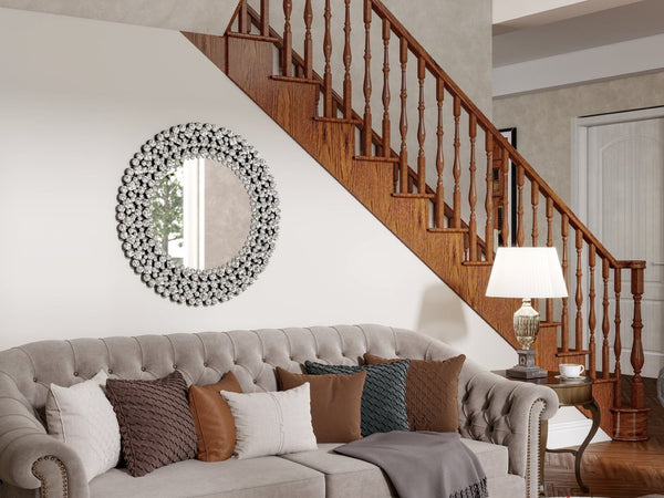 HomeRoots 26" Silver Round Accent Mirror with Faux Crystal Frame - Glamorous, Eye-Catching Decor for Any Room 635511