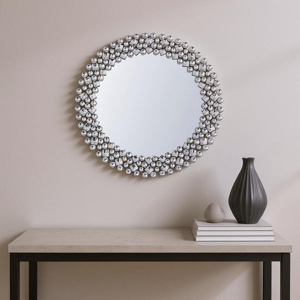 HomeRoots 26" Silver Round Accent Mirror with Faux Crystal Frame - Glamorous, Eye-Catching Decor for Any Room 635511