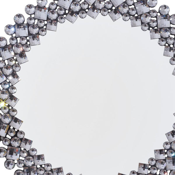 HomeRoots 20" Silver Round Faux Crystal Accent Mirror - Glamorous Framed Wall Decor for Modern Interiors 635512
