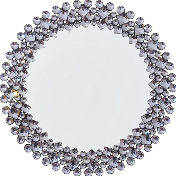 HomeRoots 20" Silver Round Faux Crystal Accent Mirror - Glamorous Framed Wall Decor for Modern Interiors 635512