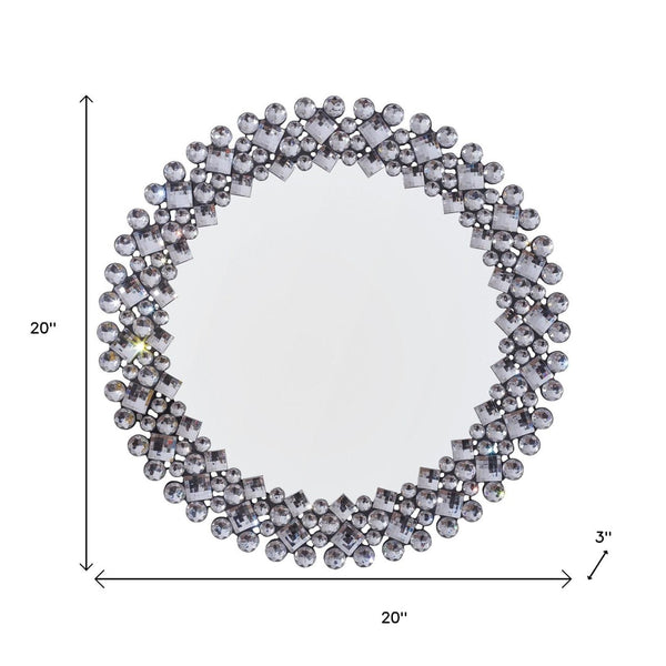 HomeRoots 20" Silver Round Faux Crystal Accent Mirror - Glamorous Framed Wall Decor for Modern Interiors 635512