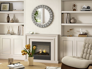 HomeRoots 20" Silver Round Faux Crystal Accent Mirror - Glamorous Framed Wall Decor for Modern Interiors 635512
