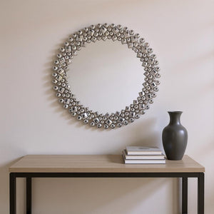 HomeRoots 20" Silver Round Faux Crystal Accent Mirror - Glamorous Framed Wall Decor for Modern Interiors 635512