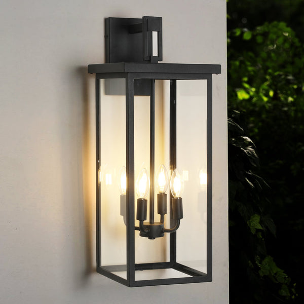 English Elm (Same 26"(H) Modern Outdoor Wall Lantern - Black Metal Frame, Clear Glass, 4 E12 Sockets, Weatherproof Elegance W1340P206651