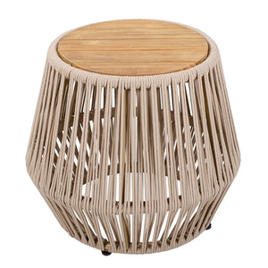 English Elm Acacia Wood Round Side Table Handwoven Rope Base Outdoor Coastal Boho Accent N770P380264B