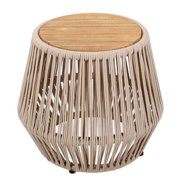 English Elm Acacia Wood Round Side Table Handwoven Rope Base Outdoor Coastal Boho Accent N770P380264B
