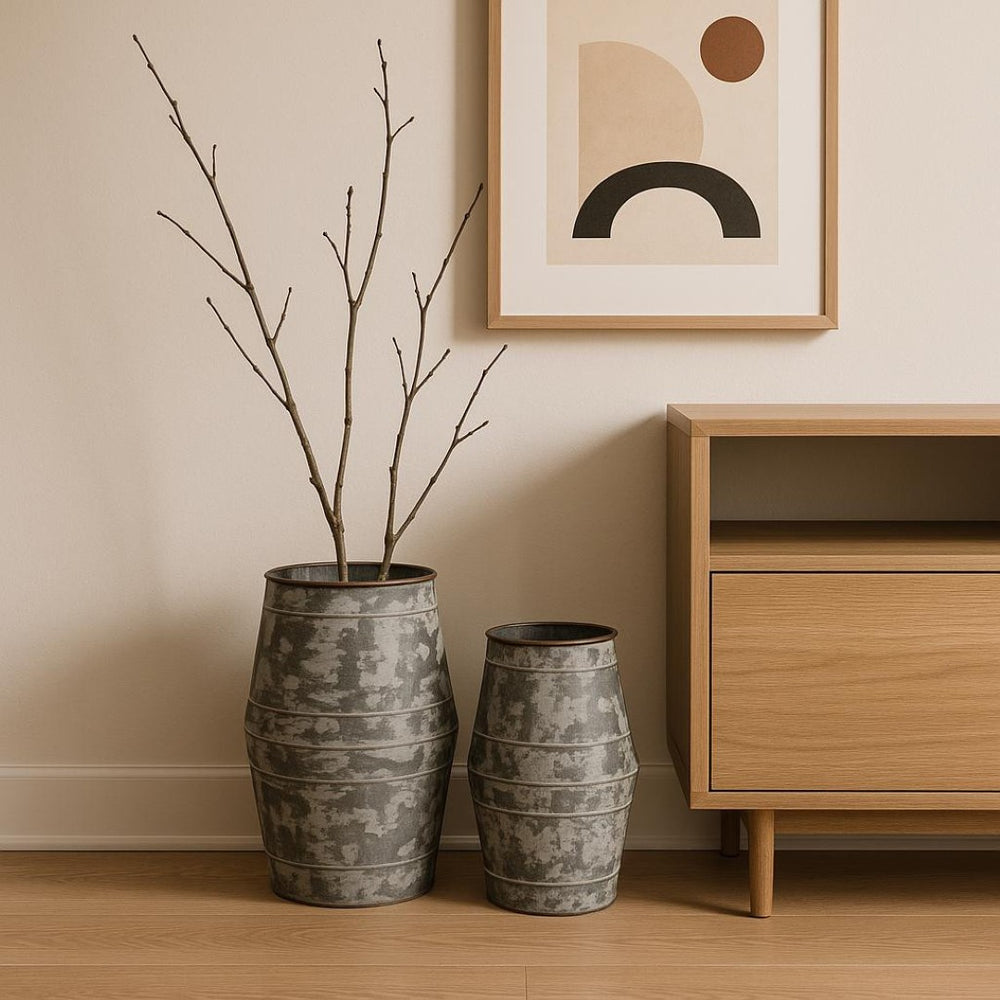 HomeRoots Set of Two Rustic Gray Galvanized Metal Cylinder Floor Vases for Charming Home Decor Accents 635604