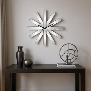 HomeRoots 26" Silver Mirrored Glass Starburst Wall Clock - Silent, Modern Design for Glam Decor & Precision Timekeeping 635633