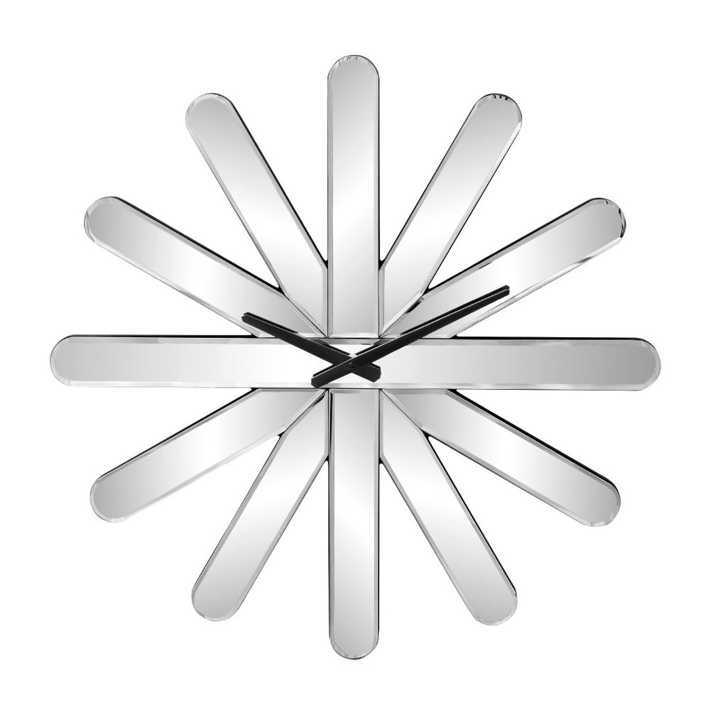 HomeRoots 26" Silver Mirrored Glass Starburst Wall Clock - Silent, Modern Design for Glam Decor & Precision Timekeeping 635633