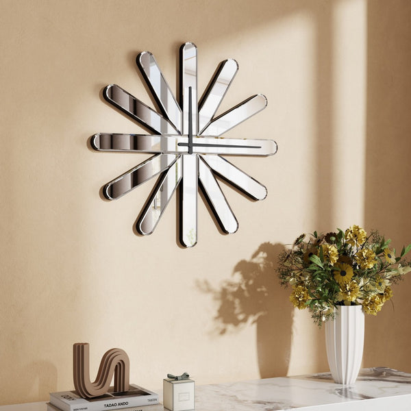 HomeRoots 26" Silver Mirrored Glass Starburst Wall Clock - Silent, Modern Design for Glam Decor & Precision Timekeeping 635633