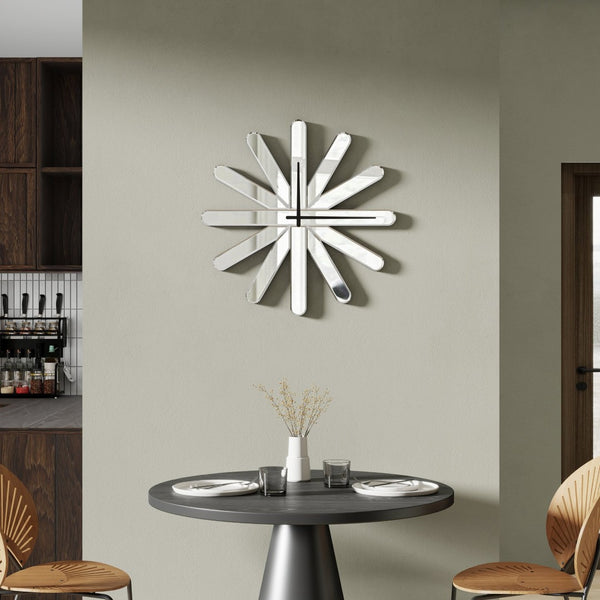 HomeRoots 26" Silver Mirrored Glass Starburst Wall Clock - Silent, Modern Design for Glam Decor & Precision Timekeeping 635633