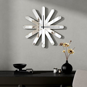 HomeRoots 26" Silver Mirrored Glass Starburst Wall Clock - Silent, Modern Design for Glam Decor & Precision Timekeeping 635633