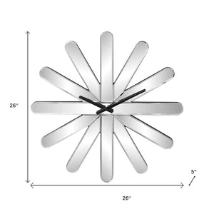 HomeRoots 26" Silver Mirrored Glass Starburst Wall Clock - Silent, Modern Design for Glam Decor & Precision Timekeeping 635633