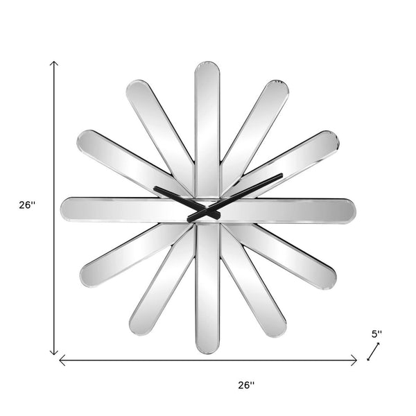 HomeRoots 26" Silver Mirrored Glass Starburst Wall Clock - Silent, Modern Design for Glam Decor & Precision Timekeeping 635633
