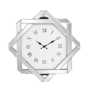 HomeRoots 26" Silver Mirrored Glass Wall Clock - Elegant Silent Analog Design with Geometric Frame for Home Decor 635634