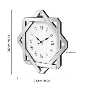 HomeRoots 26" Silver Mirrored Glass Wall Clock - Elegant Silent Analog Design with Geometric Frame for Home Decor 635634