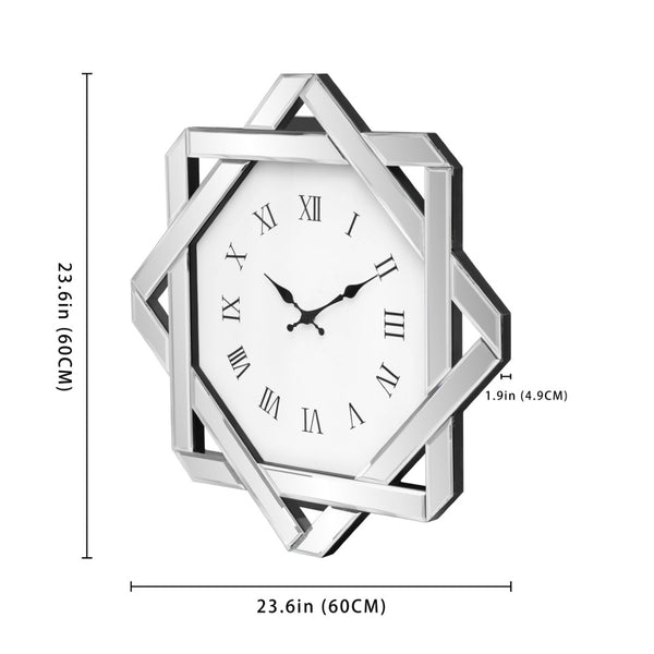 HomeRoots 26" Silver Mirrored Glass Wall Clock - Elegant Silent Analog Design with Geometric Frame for Home Decor 635634