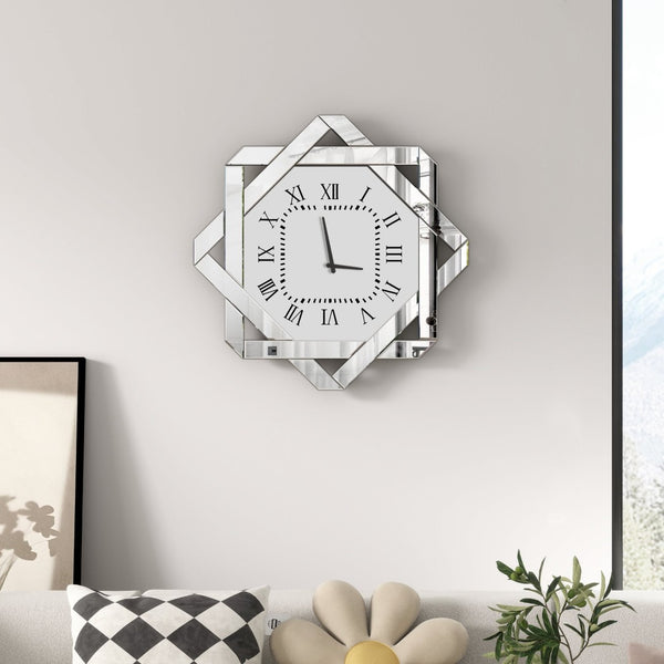 HomeRoots 26" Silver Mirrored Glass Wall Clock - Elegant Silent Analog Design with Geometric Frame for Home Decor 635634