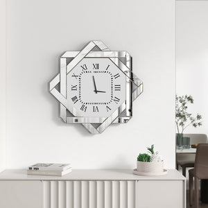 HomeRoots 26" Silver Mirrored Glass Wall Clock - Elegant Silent Analog Design with Geometric Frame for Home Decor 635634