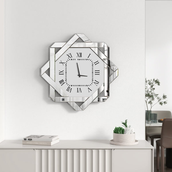 HomeRoots 26" Silver Mirrored Glass Wall Clock - Elegant Silent Analog Design with Geometric Frame for Home Decor 635634