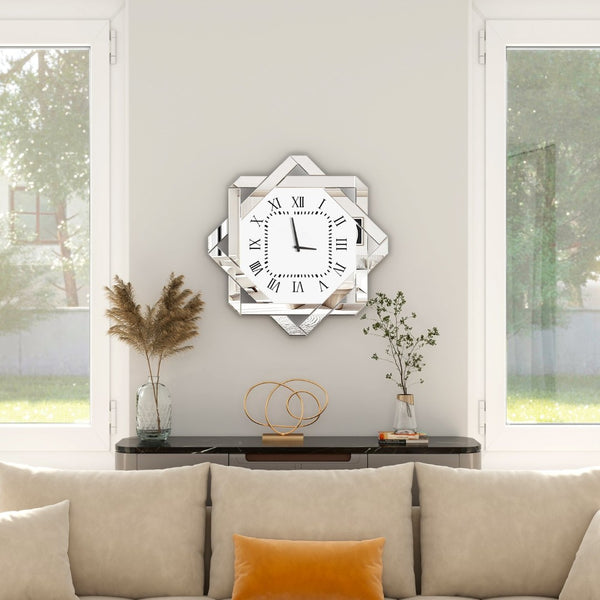HomeRoots 26" Silver Mirrored Glass Wall Clock - Elegant Silent Analog Design with Geometric Frame for Home Decor 635634