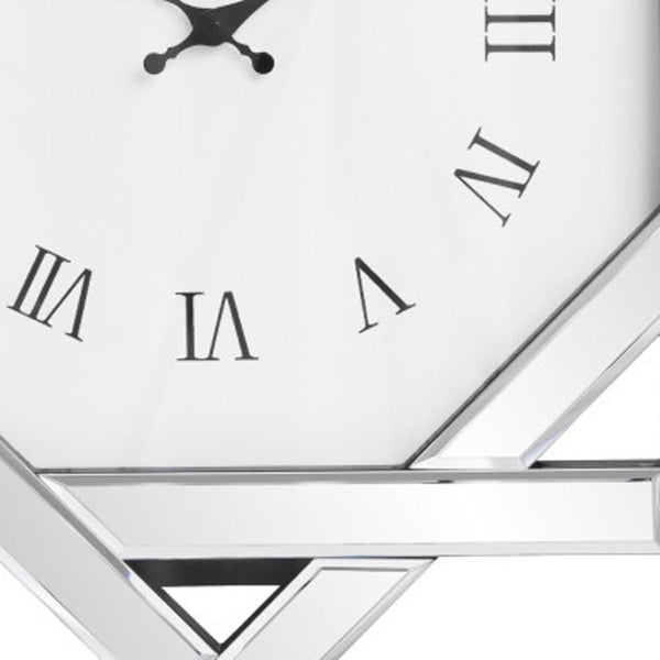 HomeRoots 26" Silver Mirrored Glass Wall Clock - Elegant Silent Analog Design with Geometric Frame for Home Decor 635634