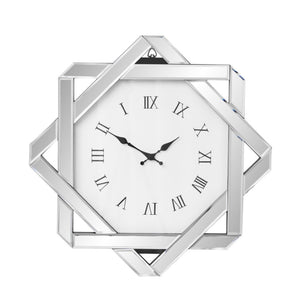 HomeRoots 26" Silver Mirrored Glass Wall Clock - Elegant Silent Analog Design with Geometric Frame for Home Decor 635634