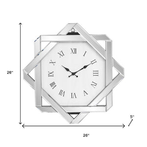 HomeRoots 26" Silver Mirrored Glass Wall Clock - Elegant Silent Analog Design with Geometric Frame for Home Decor 635634