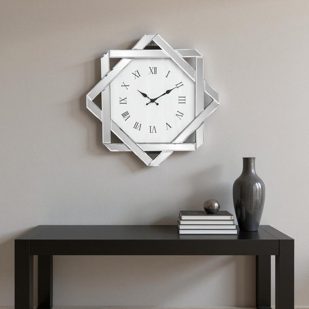 HomeRoots 26" Silver Mirrored Glass Wall Clock - Elegant Silent Analog Design with Geometric Frame for Home Decor 635634