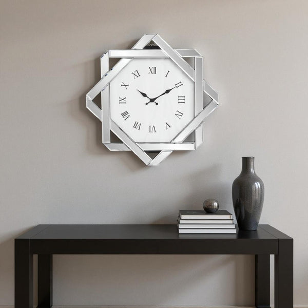 HomeRoots 26" Silver Mirrored Glass Wall Clock - Elegant Silent Analog Design with Geometric Frame for Home Decor 635634