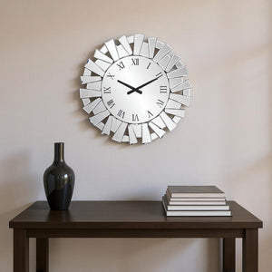 HomeRoots 27" Silver Mirrored Glass Sunburst Wall Clock - Elegant Silent Analog Design for Modern Spaces 635635
