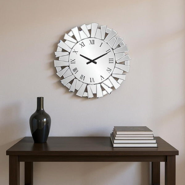 HomeRoots 27" Silver Mirrored Glass Sunburst Wall Clock - Elegant Silent Analog Design for Modern Spaces 635635