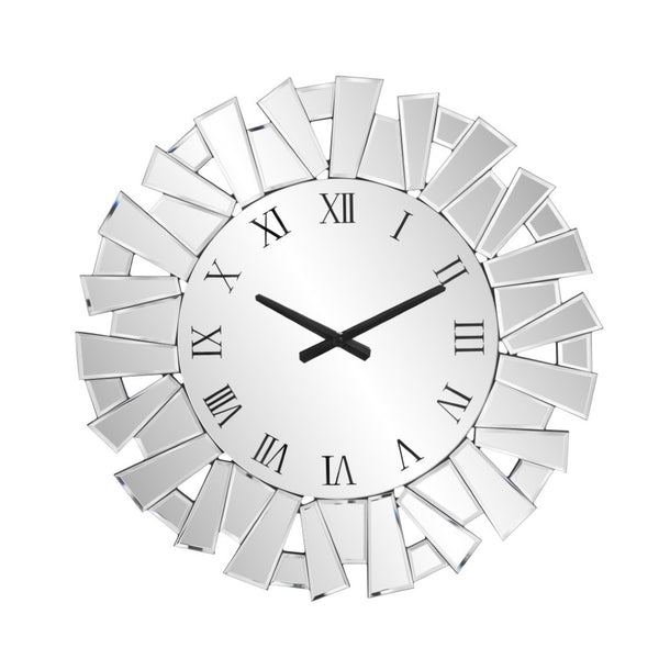 HomeRoots 27" Silver Mirrored Glass Sunburst Wall Clock - Elegant Silent Analog Design for Modern Spaces 635635