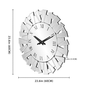 HomeRoots 27" Silver Mirrored Glass Sunburst Wall Clock - Elegant Silent Analog Design for Modern Spaces 635635