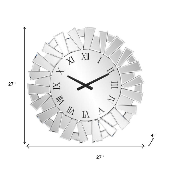 HomeRoots 27" Silver Mirrored Glass Sunburst Wall Clock - Elegant Silent Analog Design for Modern Spaces 635635