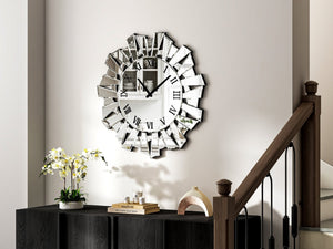 HomeRoots 27" Silver Mirrored Glass Sunburst Wall Clock - Elegant Silent Analog Design for Modern Spaces 635635