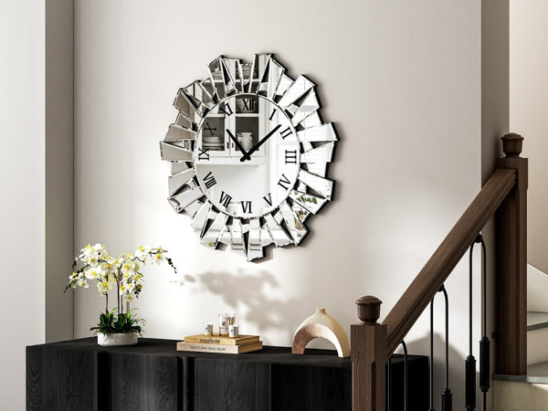 HomeRoots 27" Silver Mirrored Glass Sunburst Wall Clock - Elegant Silent Analog Design for Modern Spaces 635635