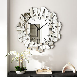 HomeRoots 27" Silver Mirrored Glass Sunburst Wall Clock - Elegant Silent Analog Design for Modern Spaces 635635