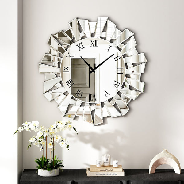 HomeRoots 27" Silver Mirrored Glass Sunburst Wall Clock - Elegant Silent Analog Design for Modern Spaces 635635