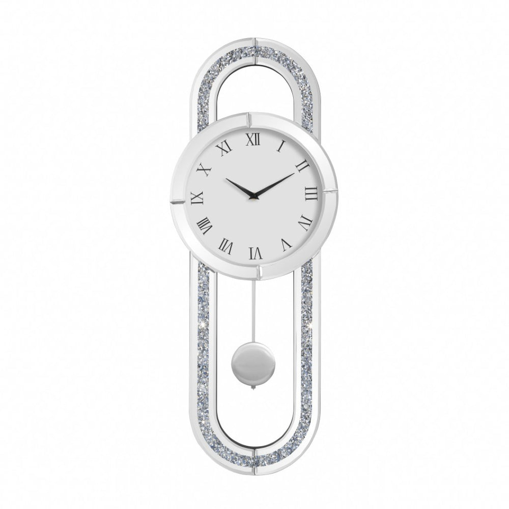 HomeRoots 15" Silver Faux Crystal Oval Wall Clock with Mirrored Glass, Silent Movement, Elegant Design for Home 635636