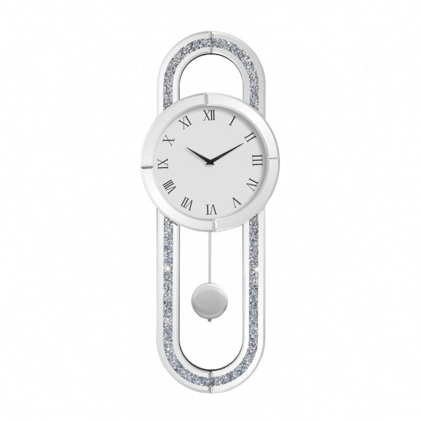 HomeRoots 15" Silver Faux Crystal Oval Wall Clock with Mirrored Glass, Silent Movement, Elegant Design for Home 635636