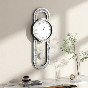 HomeRoots 15" Silver Faux Crystal Oval Wall Clock with Mirrored Glass, Silent Movement, Elegant Design for Home 635636
