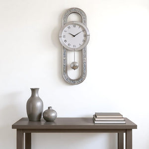 HomeRoots 15" Silver Faux Crystal Oval Wall Clock with Mirrored Glass, Silent Movement, Elegant Design for Home 635636