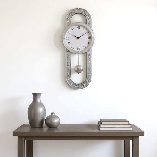 HomeRoots 15" Silver Faux Crystal Oval Wall Clock with Mirrored Glass, Silent Movement, Elegant Design for Home 635636
