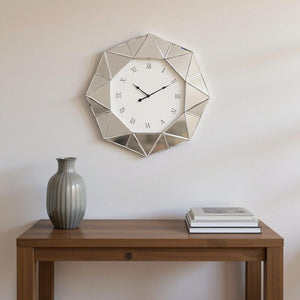HomeRoots 26" Silver Mirrored Wall Clock - Modern Geometric Design, Silent Movement, Perfect for Any Room Decor 635637