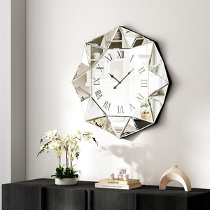 HomeRoots 26" Silver Mirrored Wall Clock - Modern Geometric Design, Silent Movement, Perfect for Any Room Decor 635637